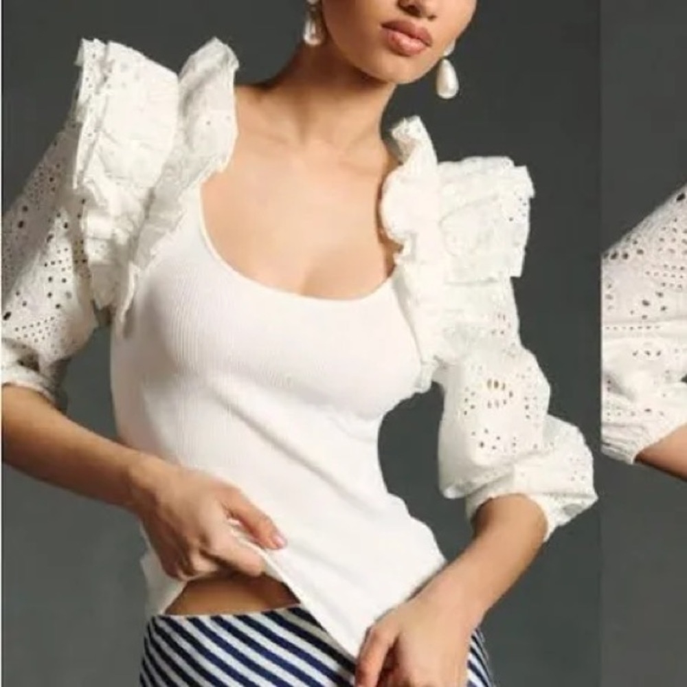Anthropologie Dolan Lace Sleeve Ribbed Ruffle Blouse XL